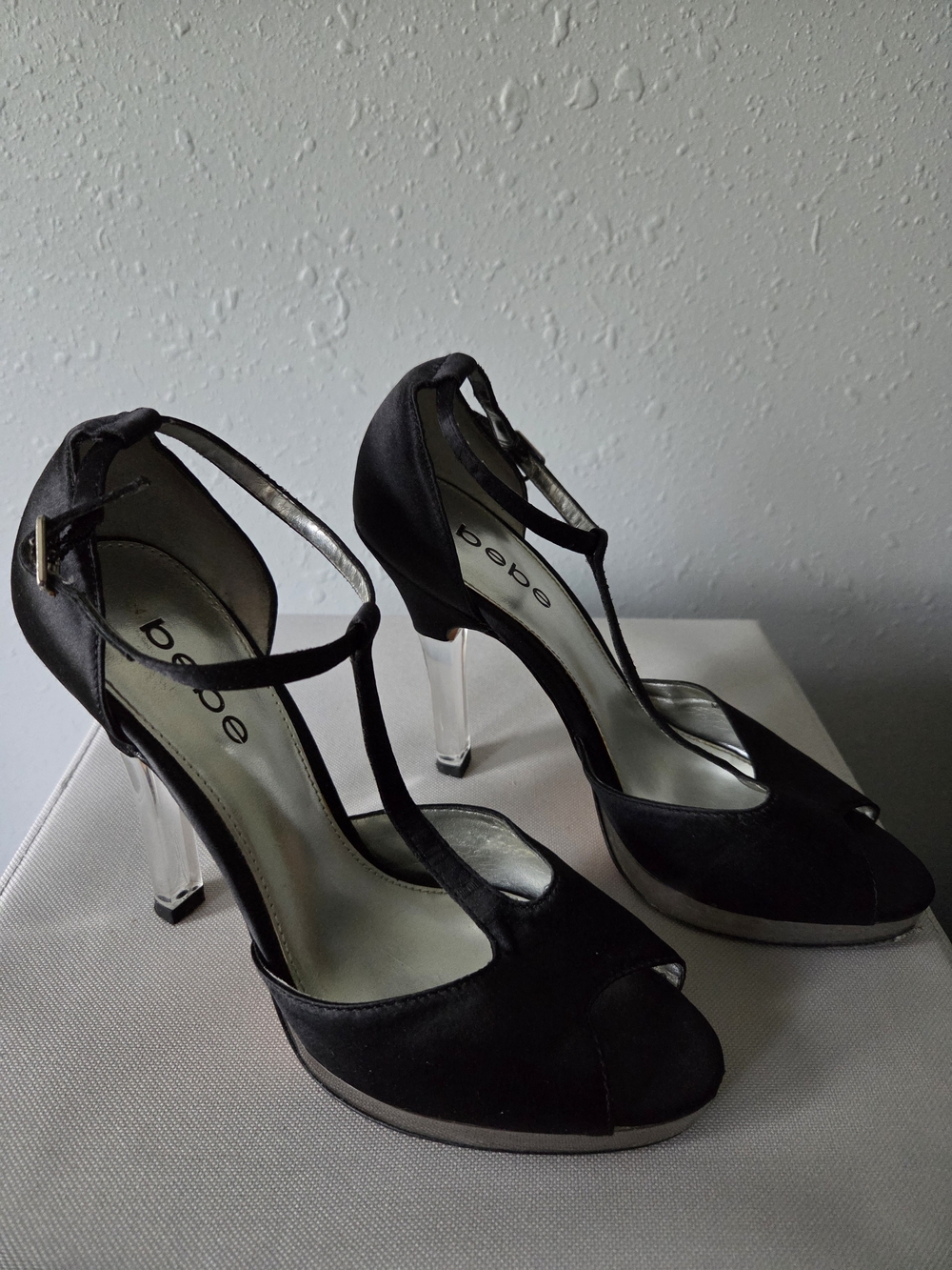 bebe Black T-Strap Peep-Toe Heels with Clear Lucite Heel